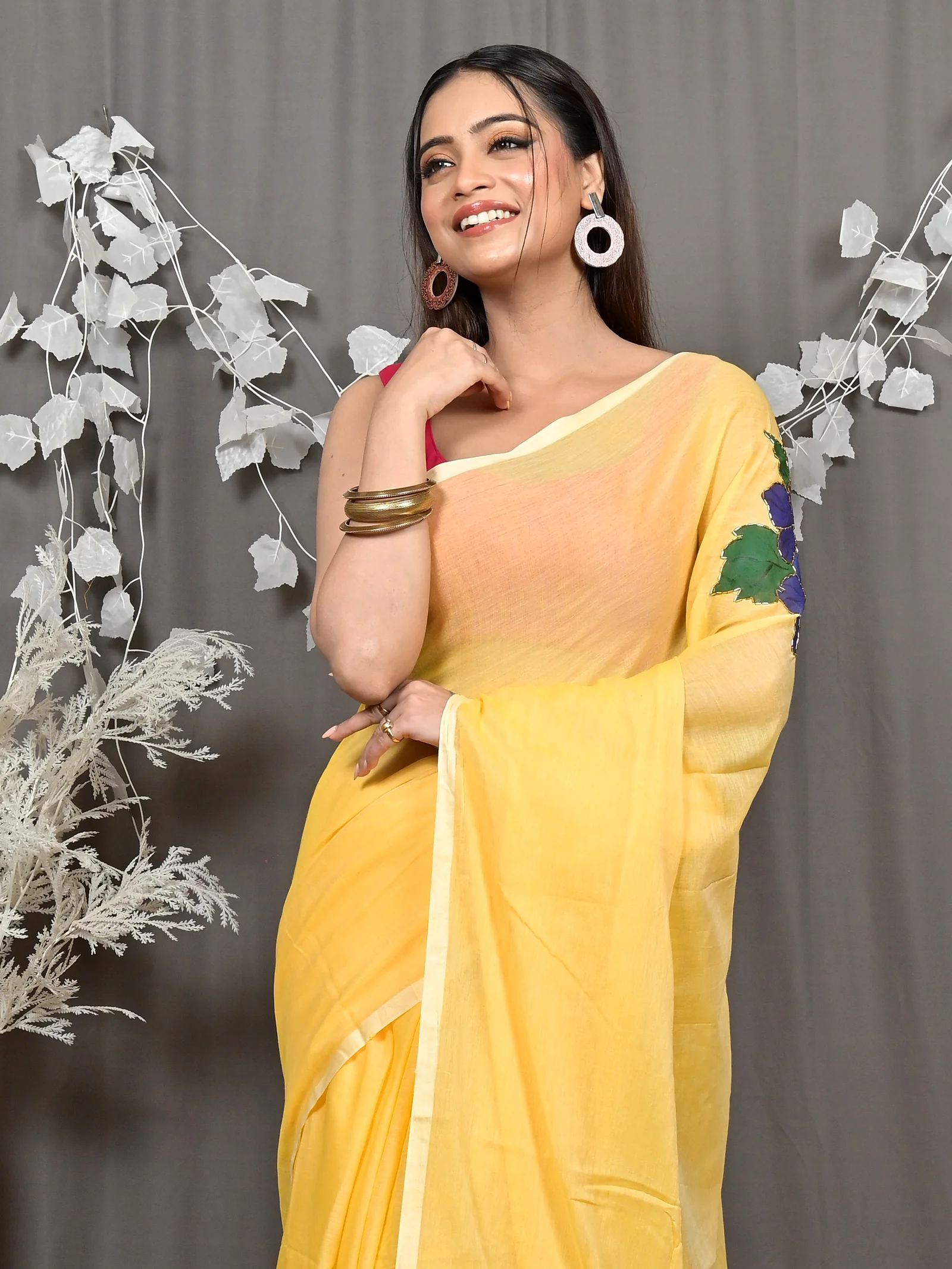 Yellow Pure Cotton Norika Hand Painted Saree (2281)